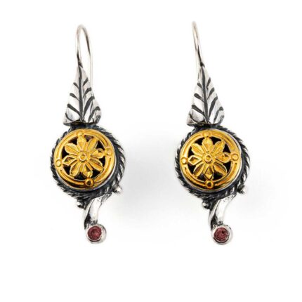 Vintage Engraved Flower Drop Earrings - silver and gold plated