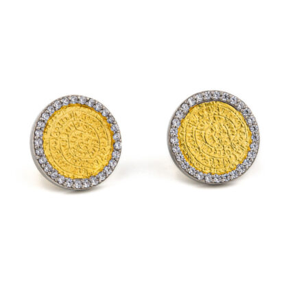Phaistos Disk Stud Zircon Earrings - 925 Sterling Silver Gold Plated