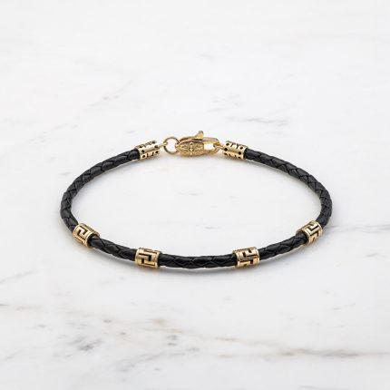 Meander Grey Key Leather Bracelet - Sterling Silver K14 Gold