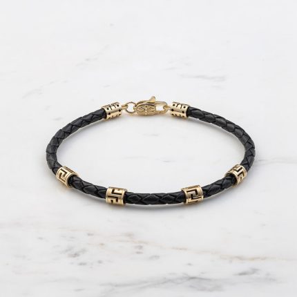 Grey Key Leather Bracelet - Sterling Silver & K14 Gold