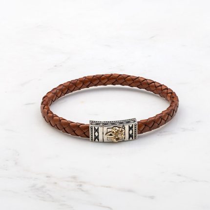 Fleur De-lis Brown Leather Bracelet - Sterling Silver & K14 Gold