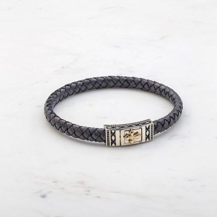 Cross Grey Leather Bracelet - Sterling Silver & K14 Gold