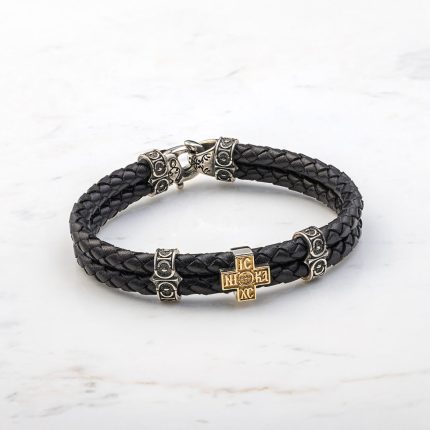 Cross Leather Bracelet - Sterling Silver & K14 Gold