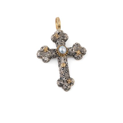 Byzantine Cross with Pearl - Sterling Silver and 18K Gold