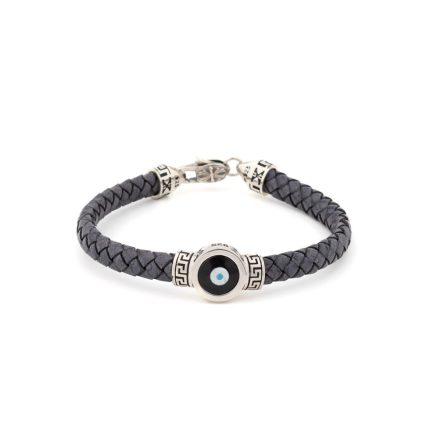 Evil Eye Leather Bracelet with Greek Key - 925 Sterling Silver