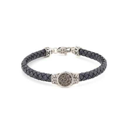 Minoan Phaistos Disc Leather Bracelet - 925 Sterling Silver