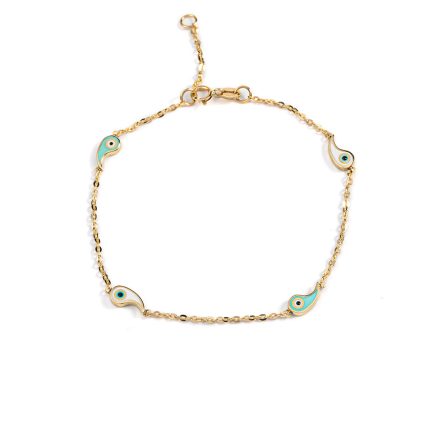 Evil Eyes Chain Bracelet - 14K Gold and Turquoise White Enamel
