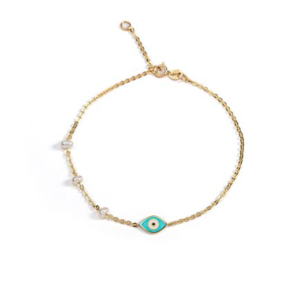 Evil Eye Chain Bracelet with Pearls - 14K Yellow Gold and Turquoise Enamel