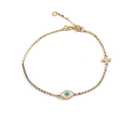 Evil Eye Chain Bracelet with Cross - 14K Yellow Gold and White Enamel