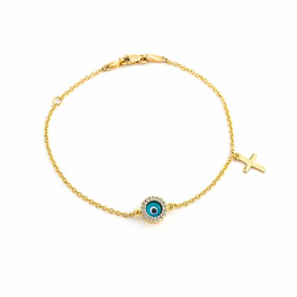 9K Yellow Gold Eye Zircon Bracelet with Cross