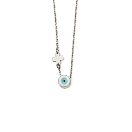 White Round Eye Necklace with Cross - Sterling Silver