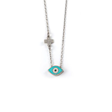 Evil Eye Turquoise Enamel Necklace with Cross - Sterling Silver