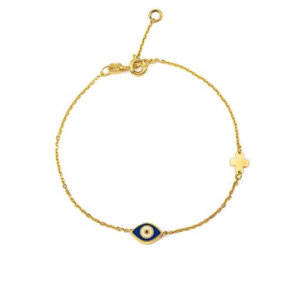 Evil Eye Blue Enamel Bracelet with Cross - Sterling Silver and Gold Plated