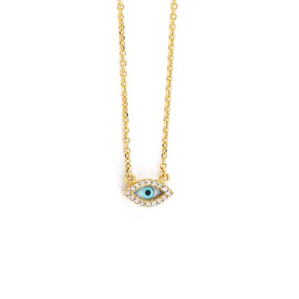 9K Yellow Gold Eye Necklace with zircons