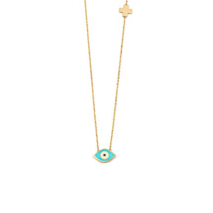 Evil Eye Necklace with Cross - 14K Yellow Gold with Enamel