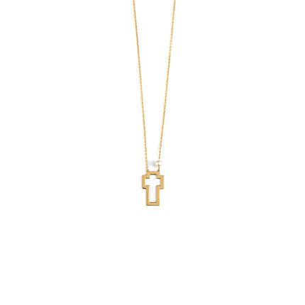 Open Cross Necklace with Pearl - 14K Yellow Gold