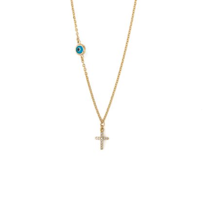 Evil Eye Necklace with Zircon Cross - 9K Gold