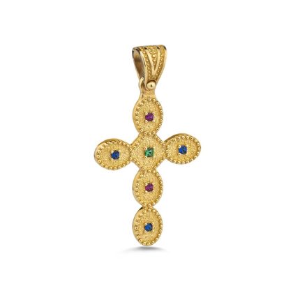 14k Gold Byzantine Cross With Multi Stones