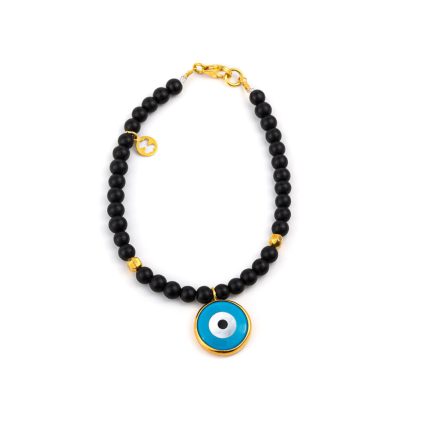 Black Onyx Bracelet with Evil Eye - Silver and Gold Plated