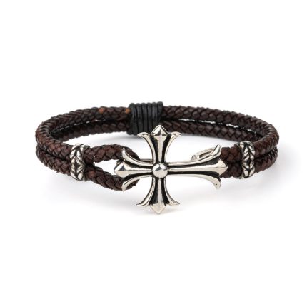 Cross Leather Bracelet – 925 Sterling Silver