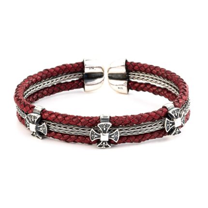 Cross Leather Bracelet - 925 Sterling Slver