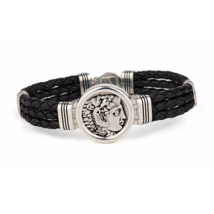 Alexander the Great Black Leather Bracelet – 925 Sterling Silver