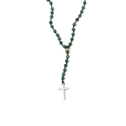 Rosary Necklace with Malachite Beads - 925 Sterling Silver