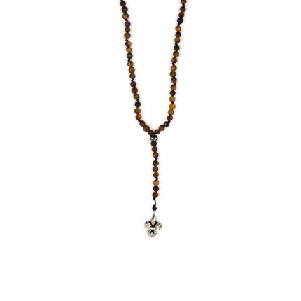 Fleurs De Lis Rosary Necklace with Tiger Eye Beads - 925 Sterling Silver