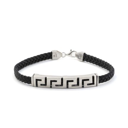 Greek Key Meander Leather Bracelet - Sterling Silver