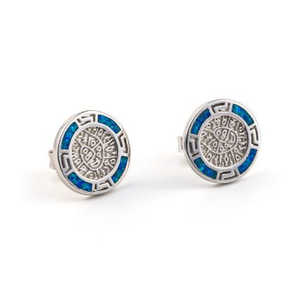 Phaistos Disc Stud Earrings - Sterling Silver 925 with Opal