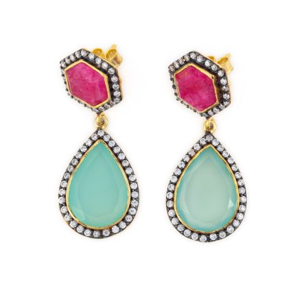Sterling Silver Gold Plated ~ Earrings with Rubinite and Aqua Chalcedony stone