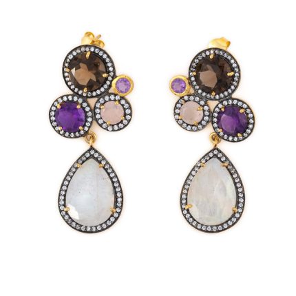 Dangle Multi Stone Earrings ~ Moonstone & Amethyst & Smoked Quartz