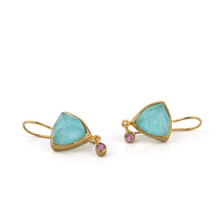 Amazonite and Tourmaline Earrings - 925 Sterling Silver and Gold Plated