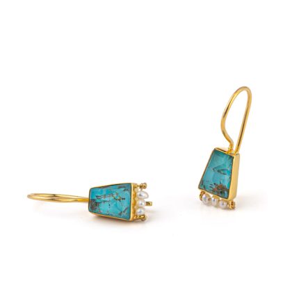 Turquoise copper and Pearl Earrings - 925 Sterling Silver and Gold Plated
