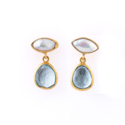 Aquamarine and Pearl Dangle Earrings - 925 Sterling Silver and Gold Plated