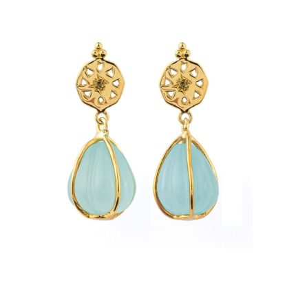 Aqua Chalcedony Dangle Earrings - 925 Sterling Silver and Gold Plated