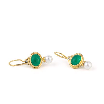 Green Onyx and Pearl Earrings - 925 Sterling Silver