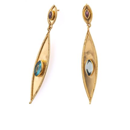 Blue Topaz and Tourmaline Earrings - 925 Sterling Silver and Gold Plated