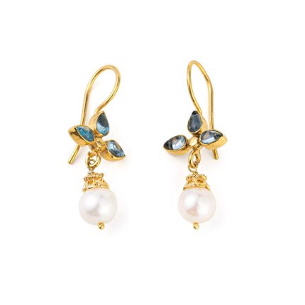 Blue Topaz n Pearl Flower Earrings - 925 Sterling Silver and Gold Plated