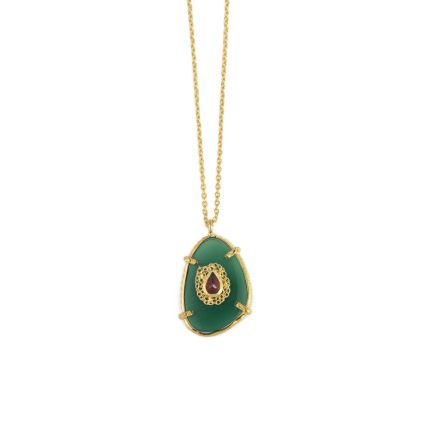 Green Onyx Stone Necklace - Sterling Silver and Gold Plated