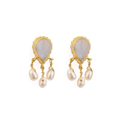 Moonstone and Pearl Dangle Earrings - 925 Sterling Silver and Gold Plated