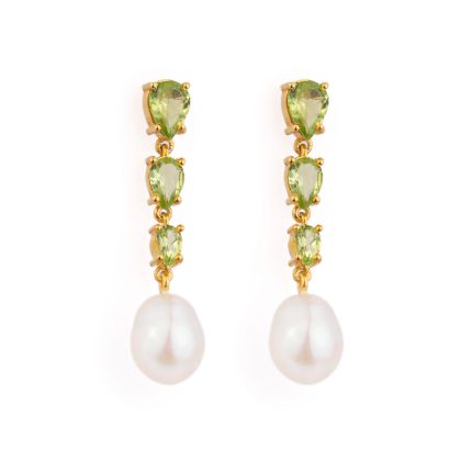 Peridot and Pearl Drop Earrings - 925 Sterling Silver and Gold Plated