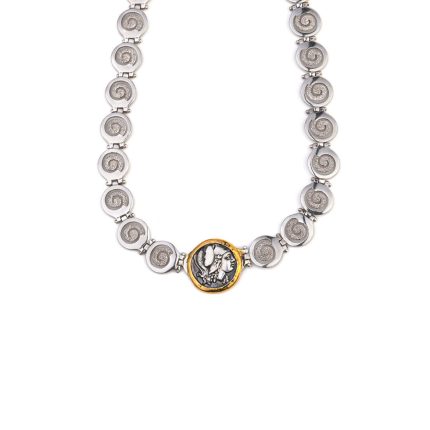 Athena Greek Coin Spiral Necklace - Sterling Silver and Gold