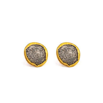 Phaistos Disc Earrings  – 925 Sterling Silver and 14K Gold