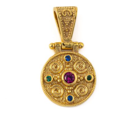 Byzantine Round Pendant - 925 Sterling Silver Gold Plated Zircon