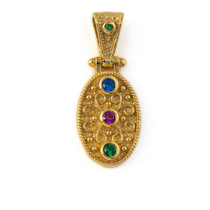 Byzantine Oval Pendant with Multicolor Zircon - 925 Sterling Silver Gold Plated