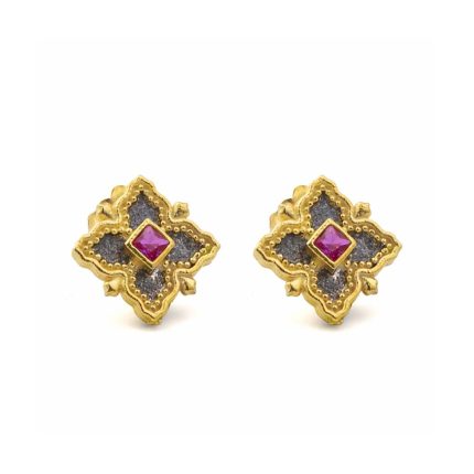 Byzantine Stud Earrings with Zircon - 925 Sterling Silver and 18K Gold Plating