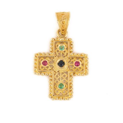 18K Gold Byzantine Filigree Cross with rubies emeralds and sapphires