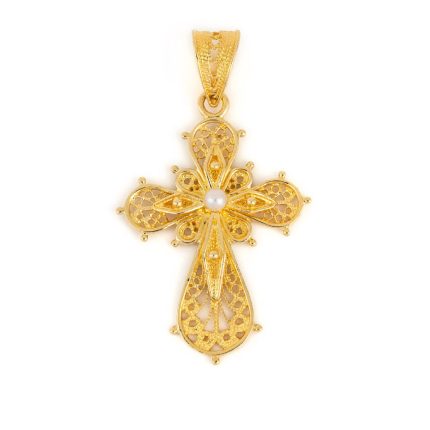 Byzantine Filigree Cross in 18K Gold with Pearl