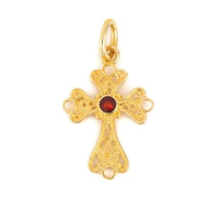 18K Gold Byzantine Filigree Cross with Red enamel Adelaide